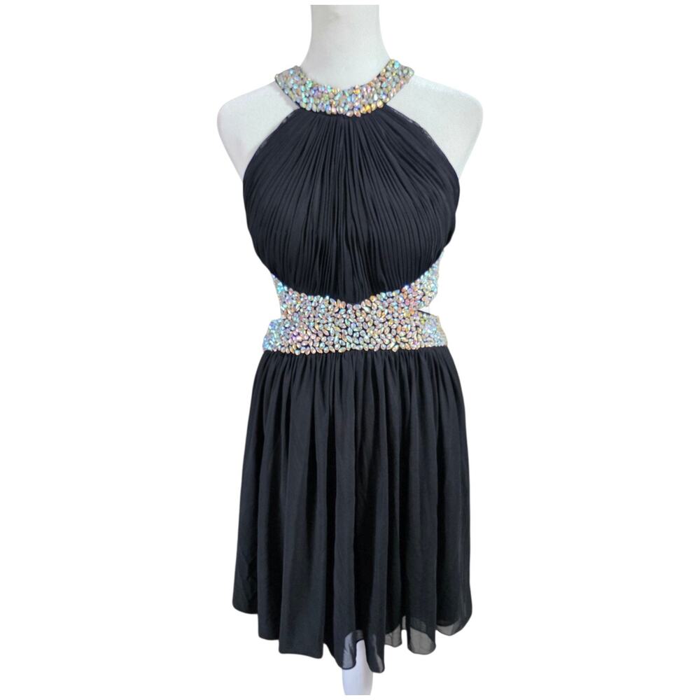 Johnny Cinderella Divine Black Rhinestone Halter Open Back Cocktail Dress XL